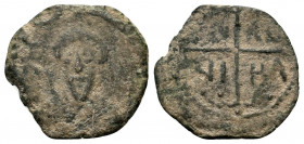 CRUSADERS. Antioch. Tancred. (1101-1112). Ae. Follis.

Obv: KΕ ΒΟ TANKPI Cuirassed bust of Tancred facing, wearing turban with cross and holding sword...
