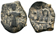 UMAYYAD CALIPHATE.Pseudo Byzantine Type.Imitating the Types of Constans II.Circa 647-670 AD.AE Fals. Emperor standing facing, holding long cross and g...