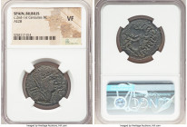SPAIN. Bilbilis. Ca. 2nd-1st centuries BC. AE (28mm, 4h). NGC VF. Ca. 120-30 BC. Male head right, wearing necklace; dolphin in field to right, BI (Ibe...