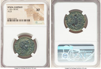SPAIN. Castulo. Ca. 150-100 BC. AE semis (25mm, 5h). NGC XF. CN-VOC•S•T•F, diademed male head right / CN-FVL•CNF, bull standing right; crescent above,...