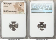 THRACE. Aenus. Ca. 450-400 BC. AR diobol (13mm, 1h). NGC VG, edge chips. Head of Hermes facing slightly left, with brimless petasus / AINI, goat stand...