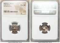 THESSALY. Tricca. Ca. 440-400 BC. AR hemidrachm (17mm, 1h). NGC Choice VF. Youthful hero, Thessalus, naked but for cloak and petasus over his shoulder...