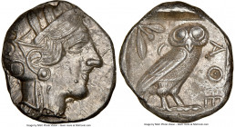 ATTICA. Athens. Ca. 440-404 BC. AR tetradrachm (25mm, 17.16 gm, 8h). NGC Choice AU 5/5 - 3/5. Mid-mass coinage issue. Head of Athena right, wearing ea...