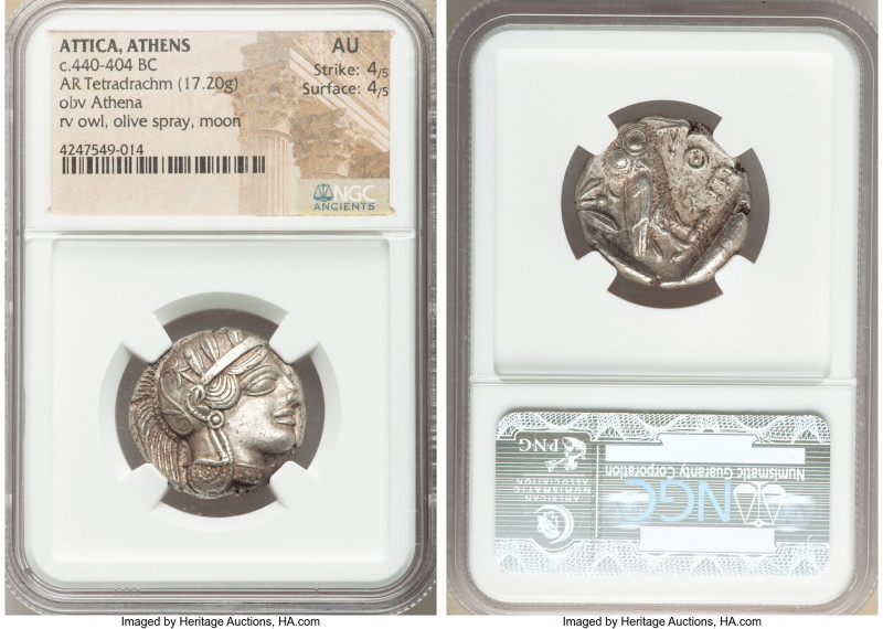 ATTICA. Athens. Ca. 440-404 BC. AR tetradrachm (24mm, 17.20 gm, 4h). NGC AU 4/5 ...