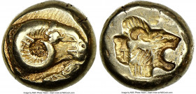 LESBOS. Mytilene. Ca. 521-478 BC. EL sixth-stater or hecte (10mm, 2.55 gm, 12h). NGC Choice VF 4/5 - 4/5. Head of ram right; rooster feeding left belo...