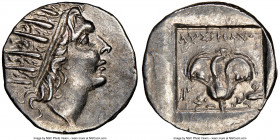 CARIAN ISLANDS. Rhodes. Ca. 88-84 BC. AR drachm (16mm, 12h). NGC Choice AU. Plinthophoric standard, Lysimachus, magistrate. Radiate head of Helios rig...