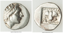 CARIAN ISLANDS. Rhodes. Ca. 88-84 BC. AR drachm (14mm, 2.26 gm, 11h). Choice XF. Plinthophoric standard, Nicephorus, magistrate. Radiate head of Helio...