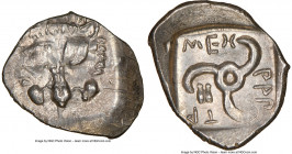 LYCIAN DYNASTS. Mithrapata (ca. 390-360 BC). AR sixth-stater (15mm, 9h). NGC AU. Uncertain mint. Lion scalp facing / MEΘ-PAΠ-AT-A, triskeles with void...