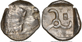 LYCIAN DYNASTS. Mithrapata (ca. 390-360 BC). AR sixth-stater (13mm, 3h). NGC AU. Uncertain mint. Lion scalp facing / MEΘ-PAΠ-AT-A, triskeles with void...