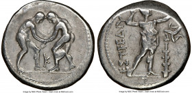PAMPHYLIA. Aspendus. Ca. 325-250 BC. AR stater (23mm, 12h). NGC VF. Two wrestlers grappling; K between / ΕΣΤFΕΔΙΥ, slinger standing right, placing bul...