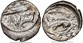 PHOENICIA. Byblus. Addirmilk and Iyyenael (ca. 348-332 BC). AR 1/16 shekel (11mm, 5h). NGC Choice VF. War galley left on waves, two hoplites aboard, p...