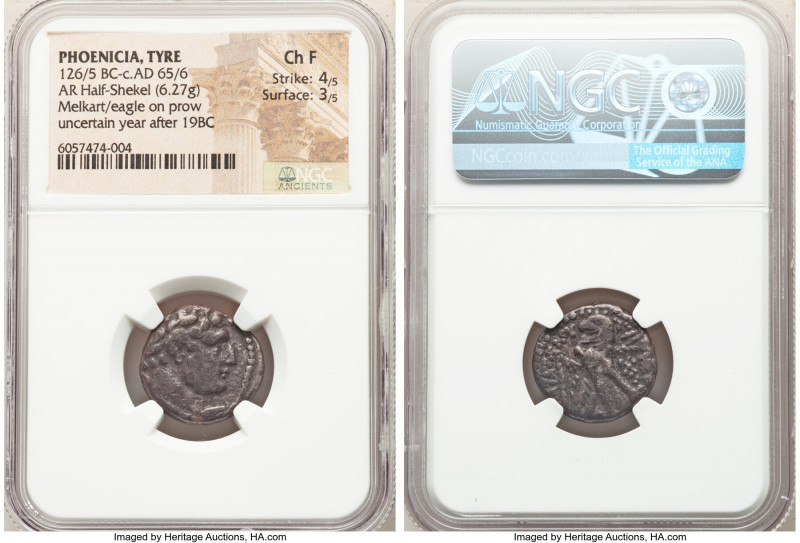 PHOENICIA. Tyre. Ca. 126/5 BC-AD 65/6. AR half-shekel (19mm, 6.27 gm, 12h). NGC ...