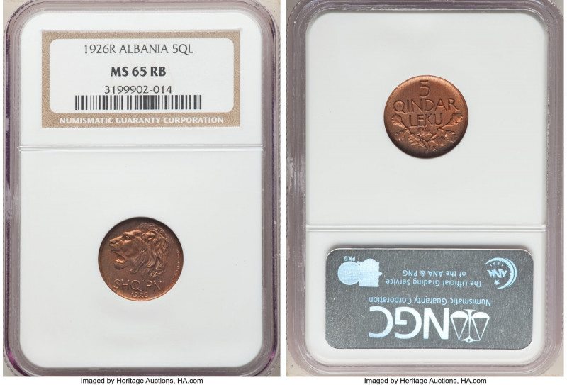Zog I Pair of Certified 5 Qindar Leku 1926-R MS65 Red and Brown NGC, Rome mint, ...