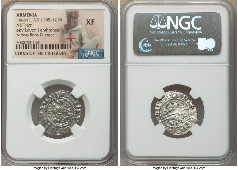 Cilician Armenia. Levon I Tram ND (1198-1219) XF NGC, 22mm. Levon I enthroned / ...