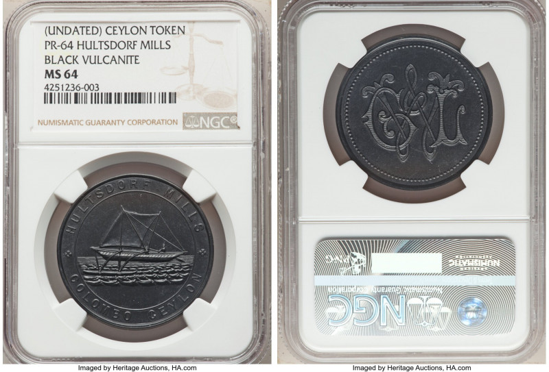 Colombo. Hultsdor Mills black vulcanite Token ND (1872) MS64 NGC, Prid-64. 35mm....
