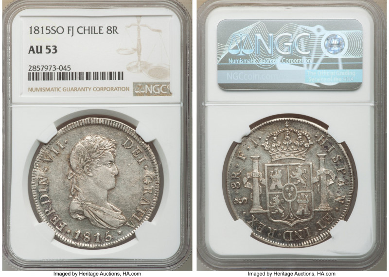 Ferdinand VII 8 Reales 1815 So-FJ AU53 NGC, Santiago mint, KM80. Light cranberry...