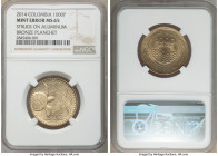 Republic Mint Error - Struck on aluminum-bronze Planchet 1000 Pesos 2014 MS65 NGC, KM299. Struck on consistent planchet rather than the bimetallic fla...