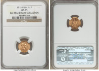 Republic gold Peso 1915 MS65 NGC, Philadelphia mint, KM16. Excellent surfaces with lightly draped tone in blue and rose. Ex. EMO Collection; Brand Col...