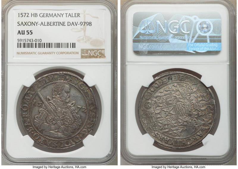 Saxony. August I Taler 1572-HB AU55 NGC, Dresden mint, KM-MB208, Dav-9798. Lilac...