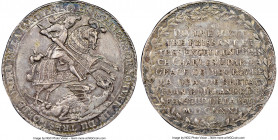 Saxony. Johann Georg II Taler MDCLXXI (1671) AU55 NGC, KM565, Dav-7633. A fine patina graces the surfaces of this charming and still-lustrous represen...
