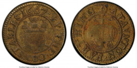 Sommerset. Taunton brass "By the Constables" Farthing Token 1667 XF40 PCGS, Withers-229. BY THE CONSTABLES 1667 Tower with three turrets and drawbridg...