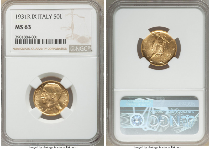 Vittorio Emanuele III 50 Lire Anno IX (1931)-R MS63 NGC, Rome mint, KM71. AGW 0....