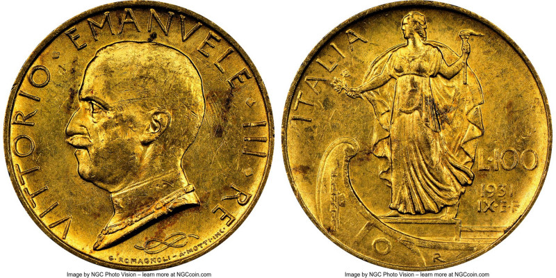 Vittorio Emanuele III gold 100 Lire Anno IX (1931)-R MS61 NGC, Rome mint, KM72. ...