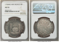 Ferdinand VI 8 Reales 1758 Mo-MM AU55 NGC, Mexico City mint, KM104.2. Semi-prooflike surfaces draped in mauve, gold and gray-blue toning, slightly str...