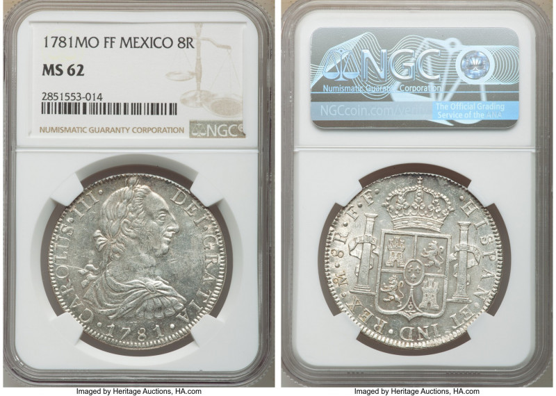 Charles III 8 Reales 1781 Mo-FF MS62 NGC, Mexico City mint, KM106.2. Untoned whi...