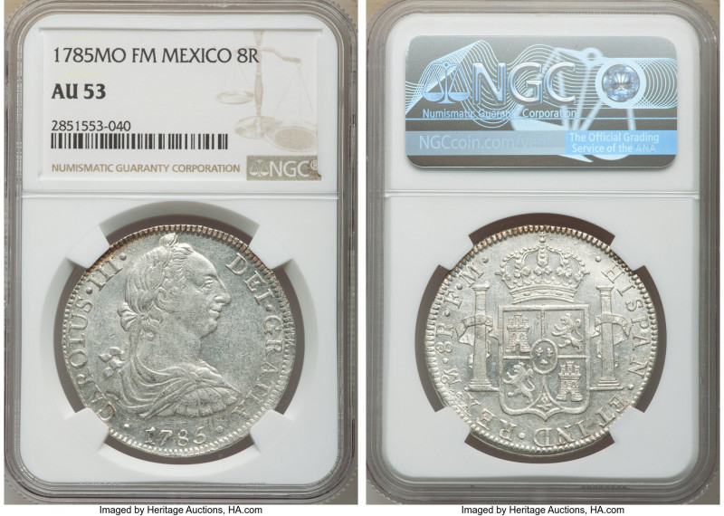 Charles III 8 Reales 1785 Mo-FM AU53 NGC, Mexico City mint, KM106.2a. Choice Lus...
