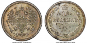 Pair of Certified Assorted 10 Kopecks PCGS, 1) Nicholas II 10 Kopecks 1901 СПБ ФЗ - MS63, St. Petersburg mint, KM-Y20a.2 2) Alexander II 10 Kopecks 18...