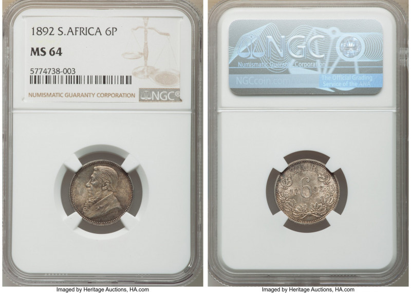 Republic 6 Pence 1892 MS64 NGC, KM4. Bronze and rose toning. 

HID09801242017...