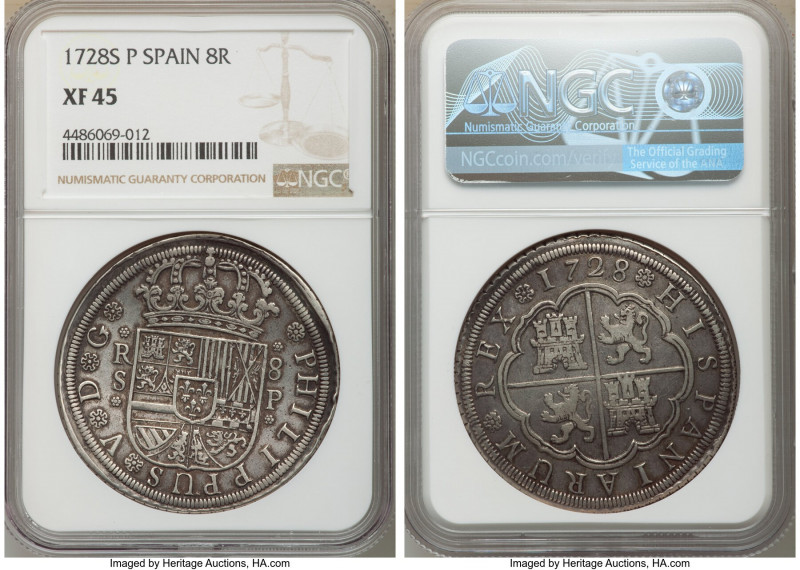 Philip V 8 Reales 1728 S-P XF45 NGC, Seville mint, KM336.3. Steel-gray with bron...