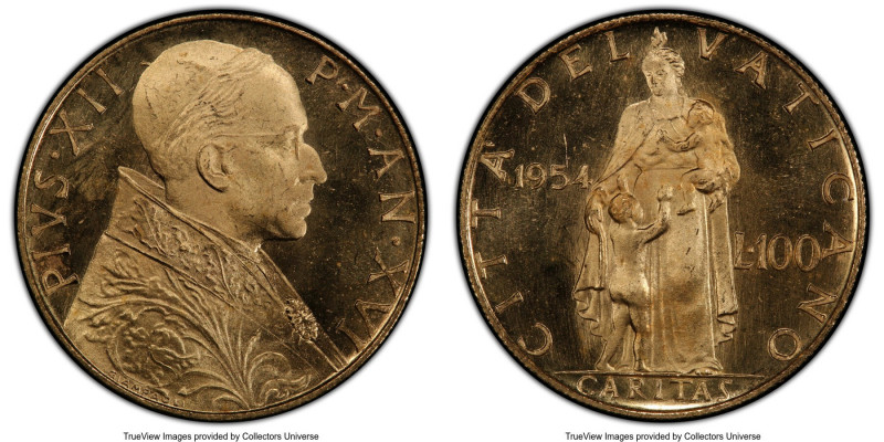 Pius XII gold 100 Lire Anno XVI (1954) MS66 PCGS, KM53.1. AGW 0.1502 oz. 

HID...