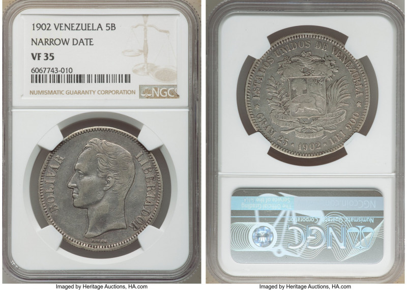 Republic 5 Bolivares 1902-(P) VF35 NGC, Philadelphia mint, KM-Y24.2. Narrow date...