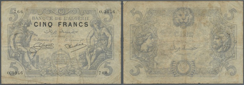 Algeria: 5 Francs 1924 P. 71b, used with several folds and creases, lots of pinh...