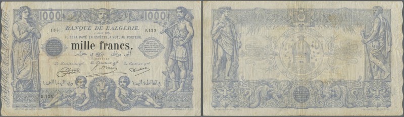Algeria: 1000 Francs 1924 P. 76, used with folds and creases, several pinholes a...
