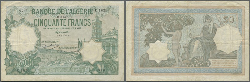 Algeria: 50 France 1937 P. 80a, used with folds and creases, minor border tears,...