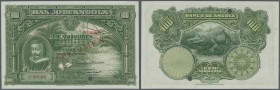 Angola: 100 Angolares 1927 with red overprint ”SPECIMEN”, punch hole cancellation and serial number 2F00000, P.75s in perfect UNC condition. One of th...