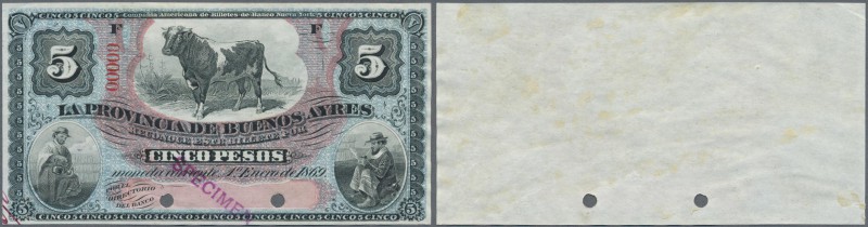 Argentina: Provincia de Buenos Ayres 5 Pesos 1869 SPECIMEN in light blue and sal...
