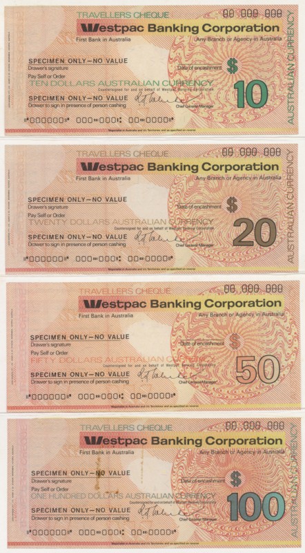 Australia: set of 4 Specimen Travellers Cheques 10, 20, 50 and 100 Dollars ND ”W...