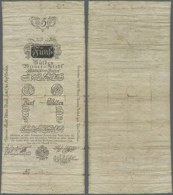Austria: Wiener Stadt-Banco Zettel 5 Gulden 1796, P.A22a, great condition for th...