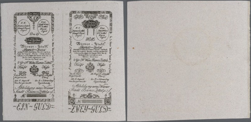 Austria: Uncut pair of 1 and 2 Gulden Formular 1800 WienerStadt-Banco Zettel, P....
