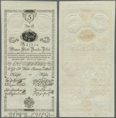 Austria: Wiener Stadt-Banco Zettel 5 Gulden 1800, P.A31a, extraordinary, almost ...