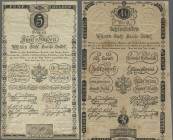 Austria: Wiener Stadt-Banco Zettel, pair with 5 and 10 Gulden 1806, P.A38a, A39a. 5 Gulden in worn condition with several folds and creases and small ...