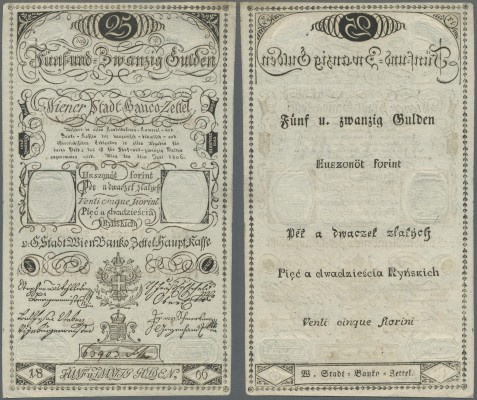 Austria: Wiener Stadt-Banco Zettel 25 Gulden 1806, P.A40a, very rare note in exc...