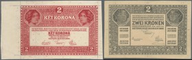 Austria: pair with two progressive proof prints for the 2 Kronen Oesterreichisch-ungarische Bank / Osztrák-magyar Bank 1917, P.21p, one front proof in...