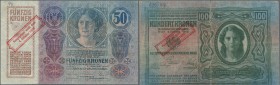 Austria: pair with 50 and 100 Kronen 1914 and 1912 with additional stamp ”Ausgegeben nach dem 04. Oktober 1920” P.46 and 47, both notes folded and wit...