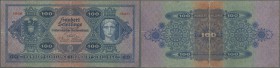 Austria: 100 Schillinge 1925 P. 91, rare note, used with strong center fold, center hole, border tears and creases in paper, still stongness in paper,...