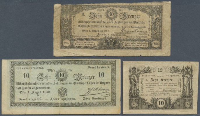 Austria: set of 3 Kreuzer issues containing 10 Kreuzer 1849 and 2x 1860, all use...